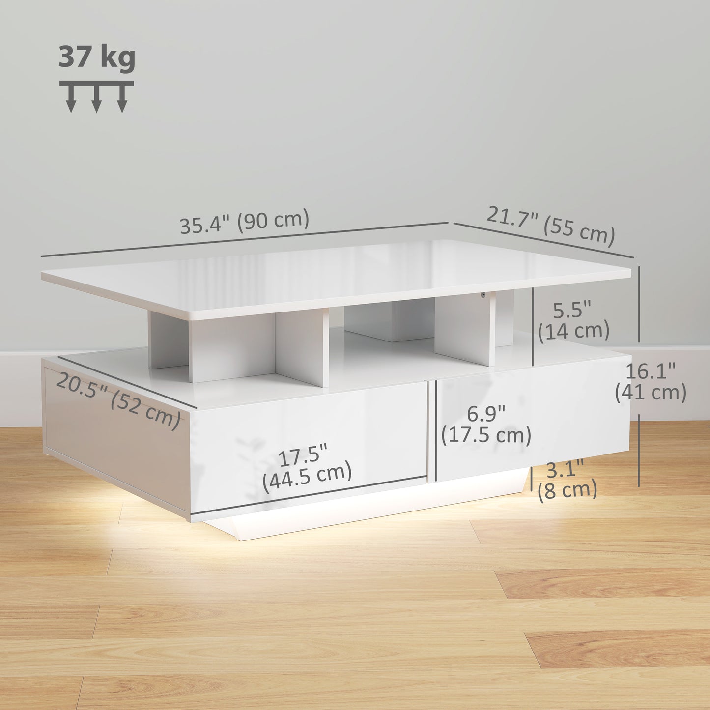 Table basse avec éclairage LED RVB avec 4 tiroirs, étagère ouverte, télécommande, blanc brillant