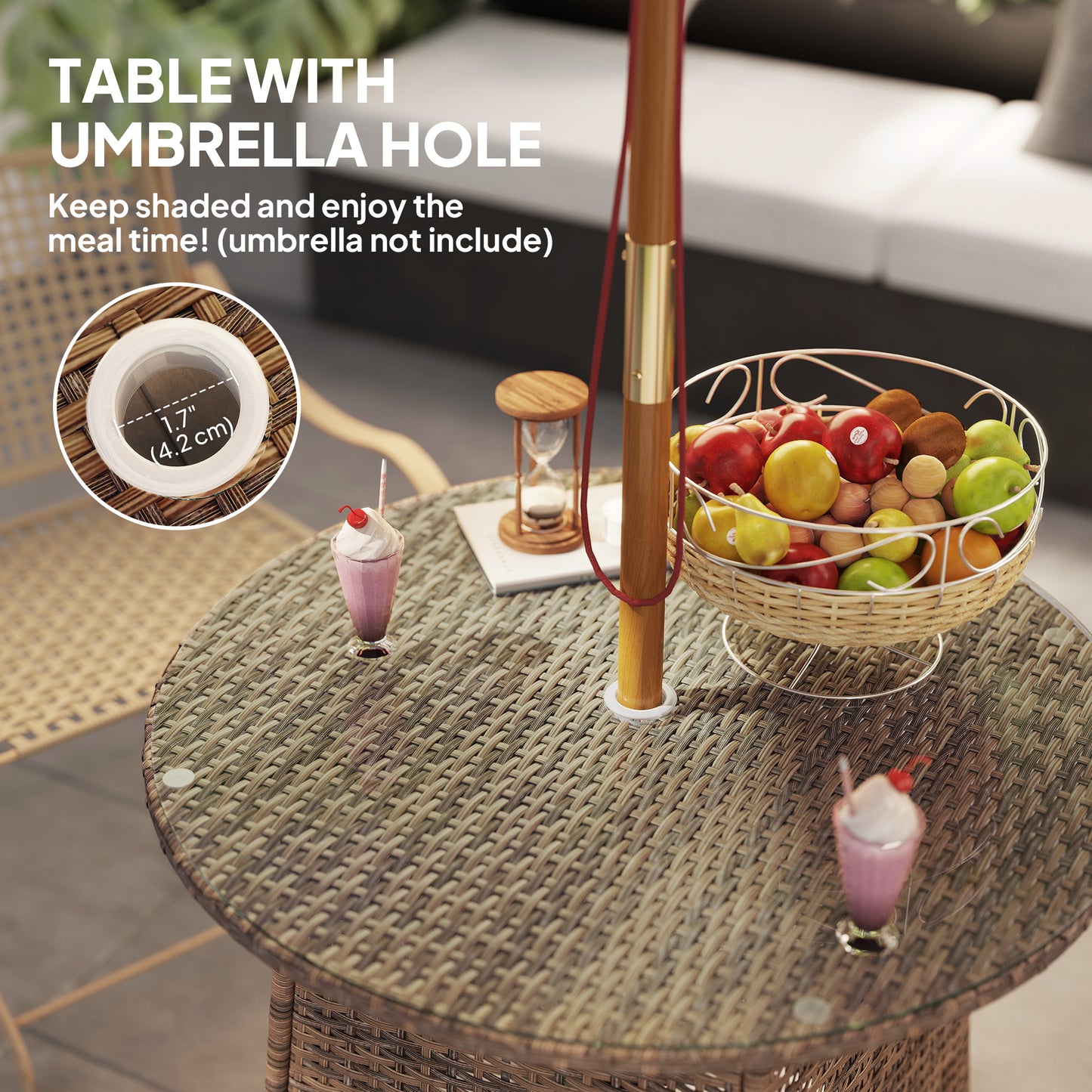 Table de jardin ronde avec trou pour parasol, table basse bistro avec plateau en verre trempé, marron
