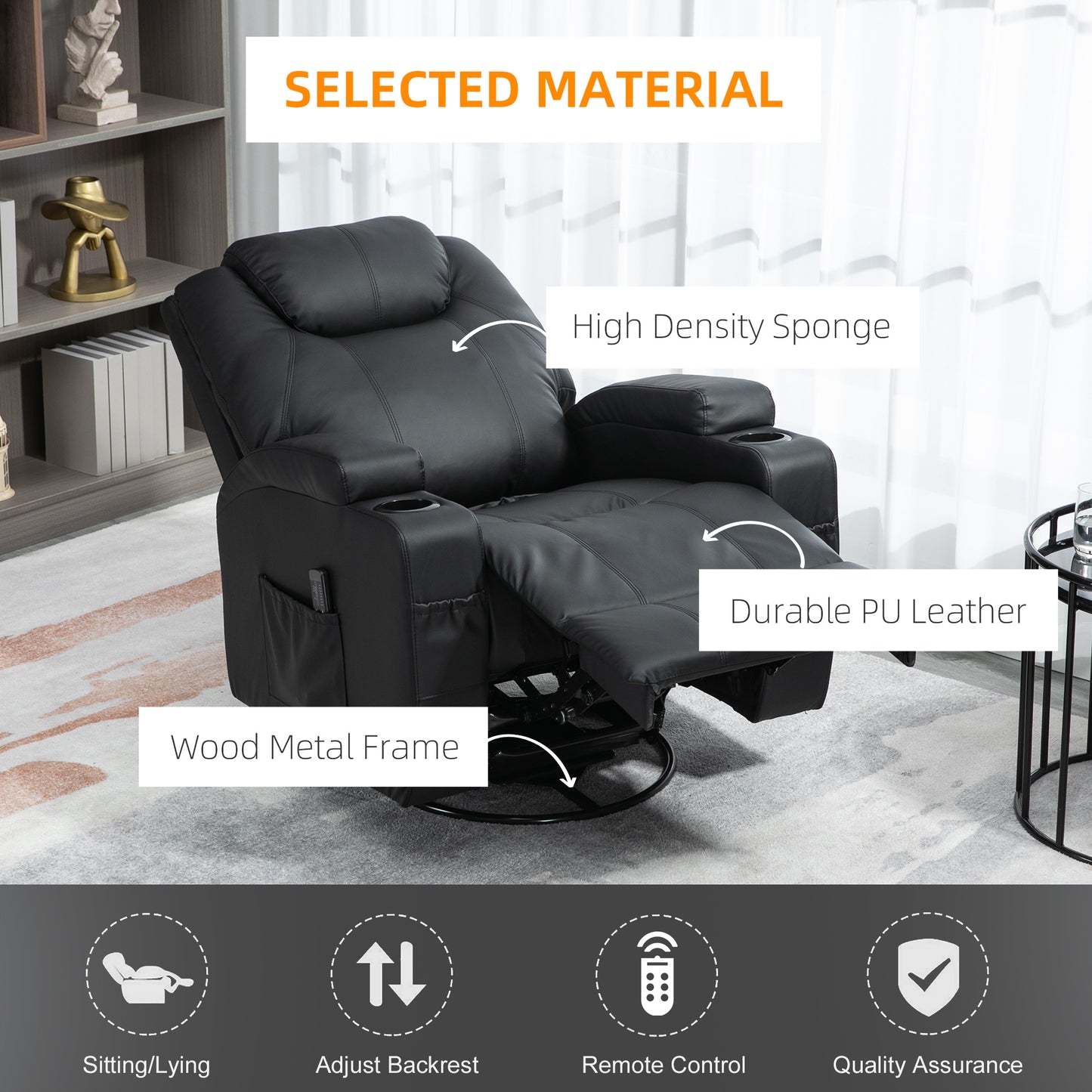 Fauteuil massant inclinable à bascule pivotant avec 8 points de vibration, cuir synthétique, porte-gobelets, poches latérales, noir