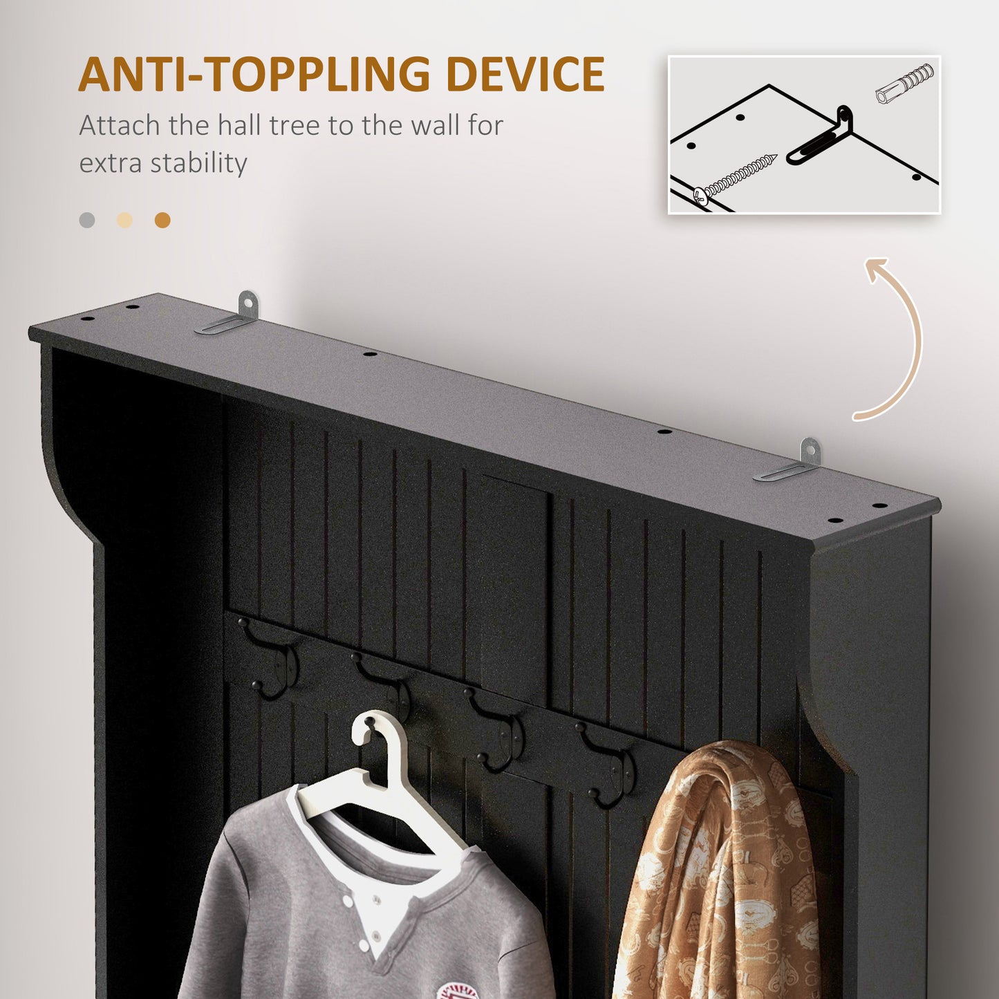Meuble d'entrée 3 en 1 avec porte-manteau, rangement à chaussures et banquette, banc d'entrée avec 4 crochets, noir