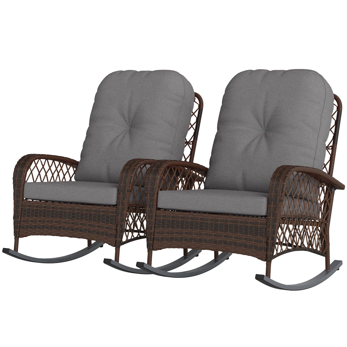 Outsunny Outdoor Wicker Rattan Rocking Chair Set of 2, Patio Rocker with Thick Cushions for Garden Backyard Porch, Gray |