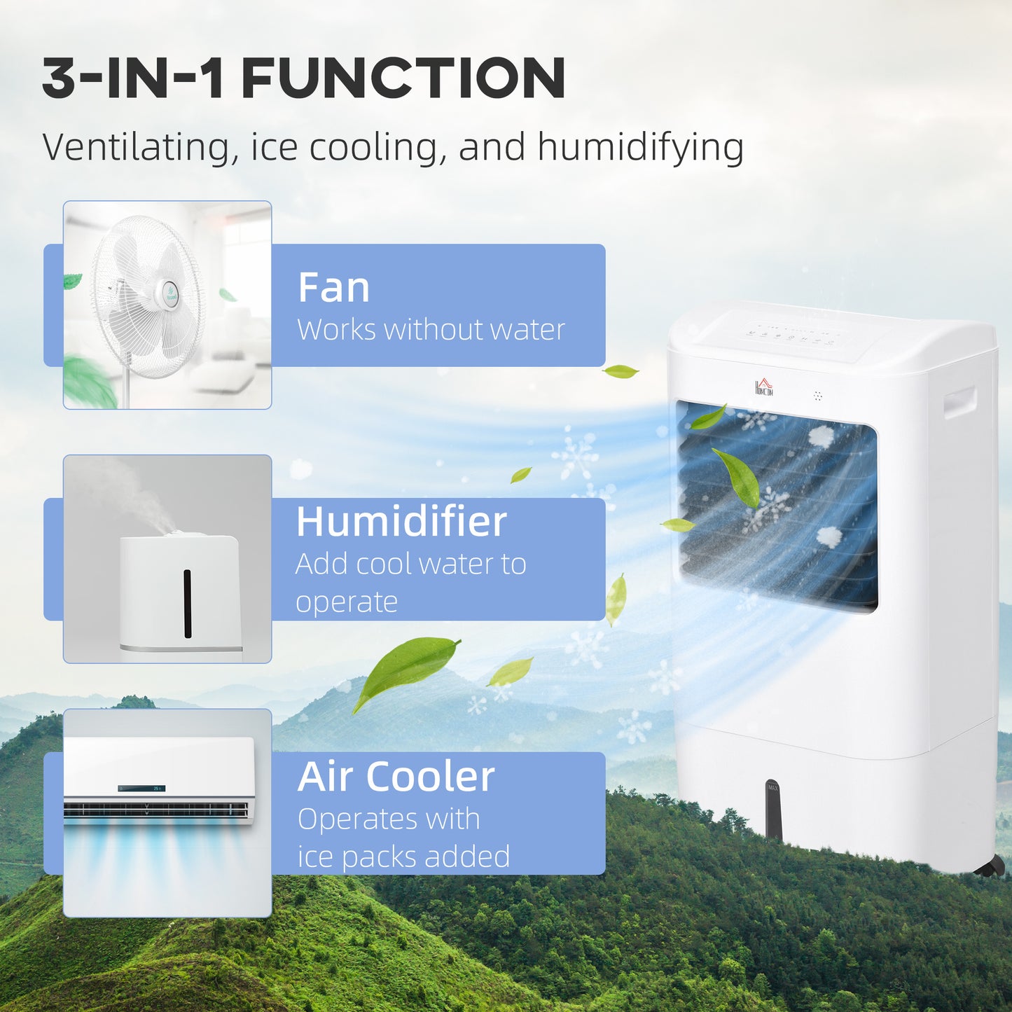 Ventilateur tour avec pack de glace, télécommande, 3 modes, 3 vitesses, minuterie 7,5 h, blanc