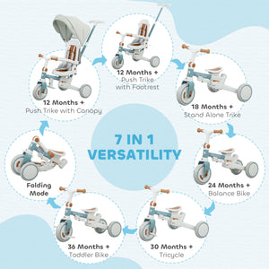 Tricycle 7 en 1 pour tout-petits avec harnais de sécurité, bleu et gris