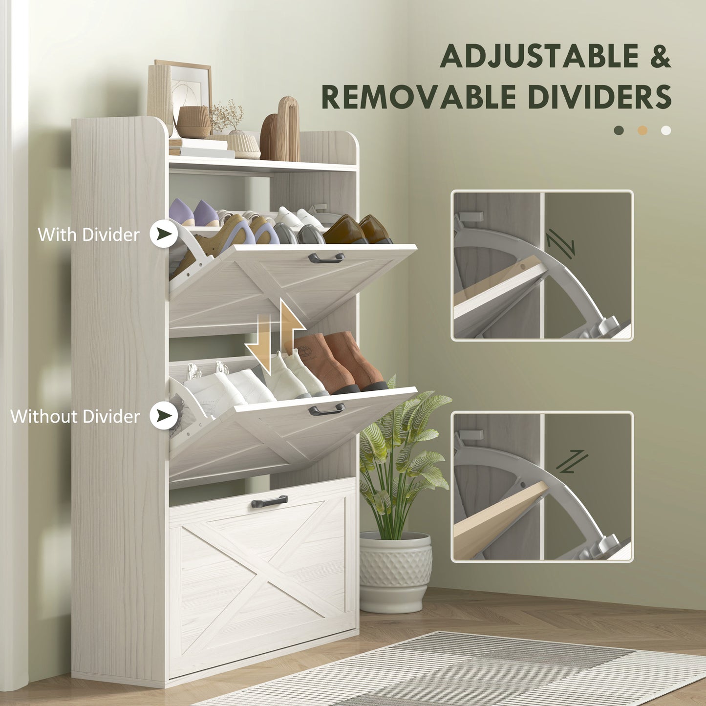 Meuble de rangement à chaussures de style ferme avec 3 tiroirs rabattables et étagères réglables, chêne blanc