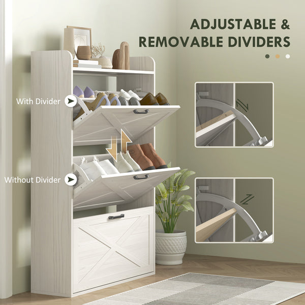 Meuble de rangement à chaussures de style ferme avec 3 tiroirs rabattables et étagères réglables, chêne blanc