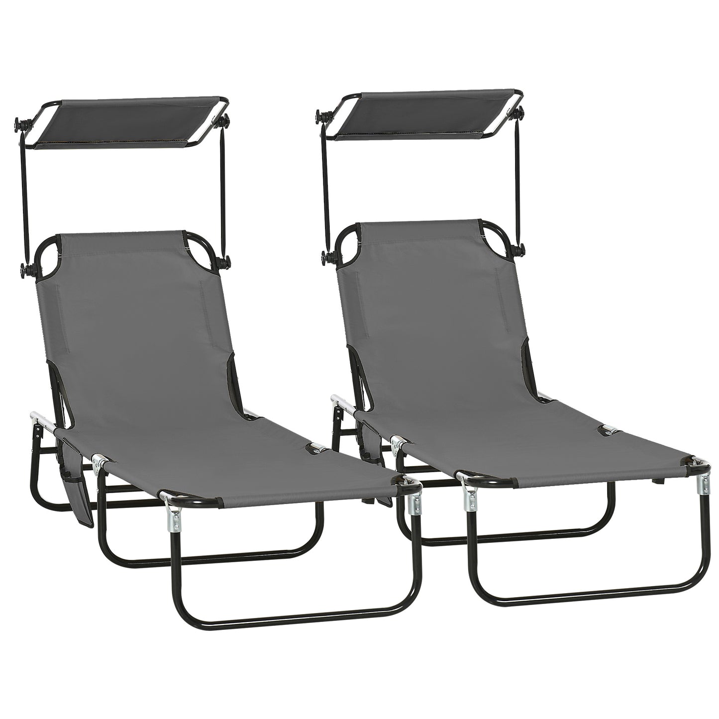 Lot de 2 chaises longues avec dossier inclinable avec parasol pour plage et terrasse, gris foncé