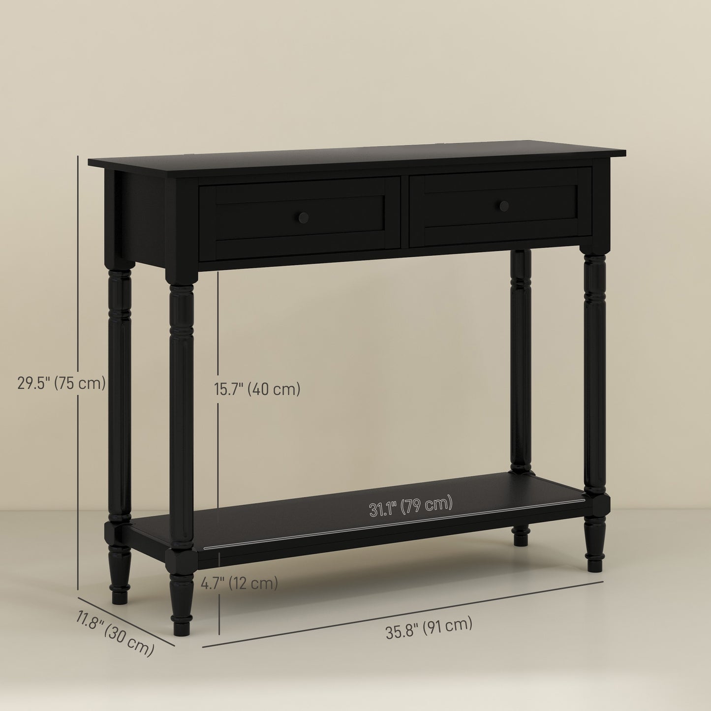 Console d'entrée moderne avec 2 tiroirs, étagère de rangement, noir