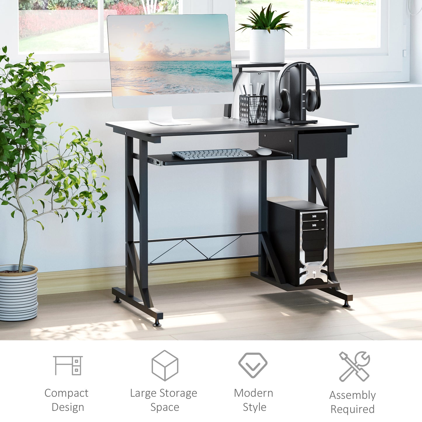 Bureau d'ordinateur avec plateau pour clavier et tiroir, noir