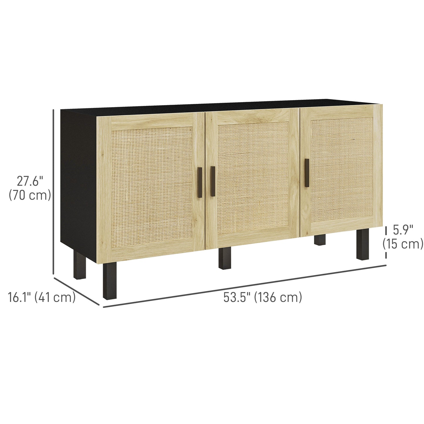 Boho Sideboard with 3 Rattan Doors, Kitchen Cabinet with Adjustable Shelves, Black and Natural