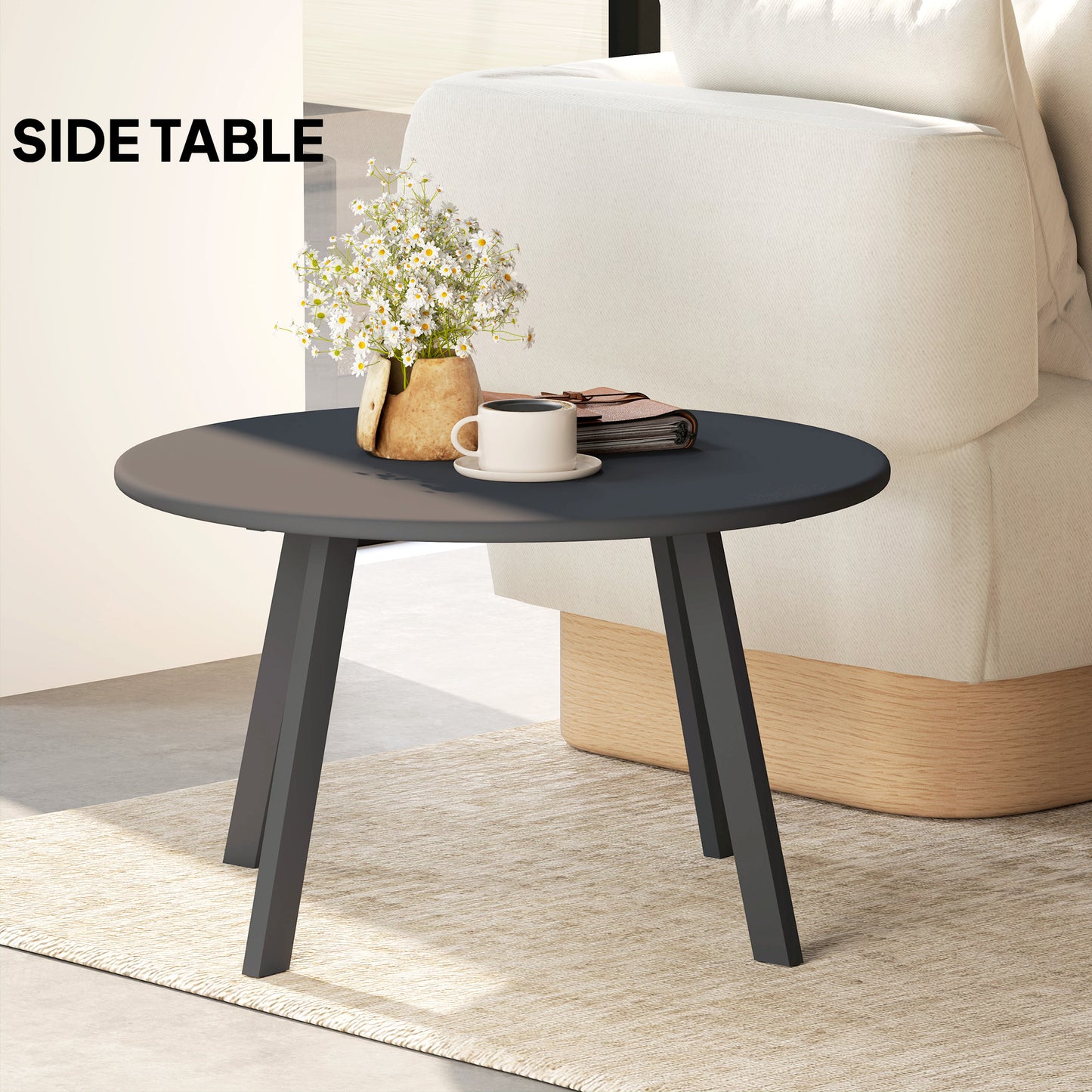 Outsunny Outdoor Round Side Table, Patio Coffee Table with Metal Frame and Non-Slip Feet, Black