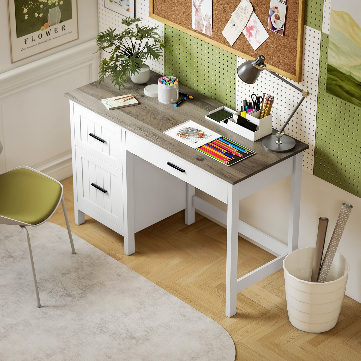Country Style 3 Drawer Computer Desk with File Drawer and Wooden Top for Small Spaces, White