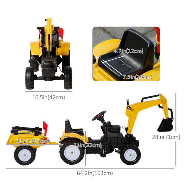 Pedal tractor with horn and removable trailer, yellow