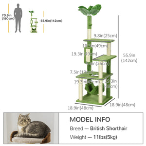 56" Cat Tree with Hammock, Scratching Post, Platforms, Play Ball, Green