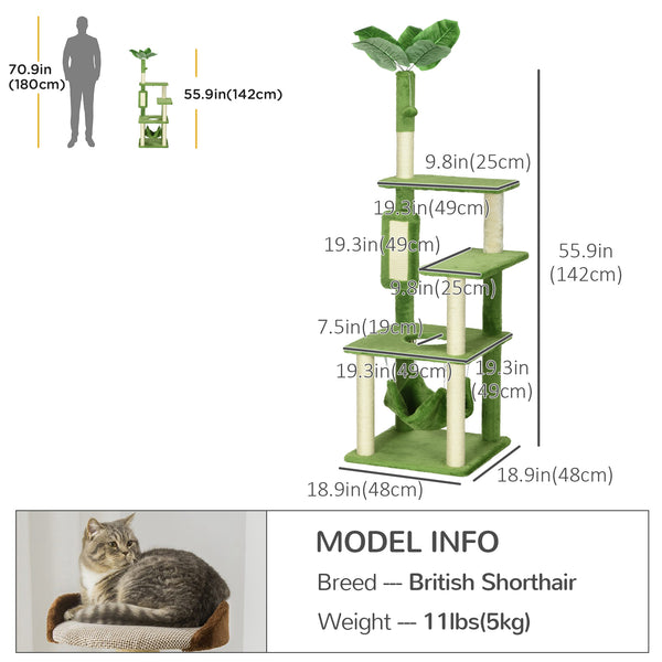 56" Cat Tree with Hammock, Scratching Post, Platforms, Play Ball, Green