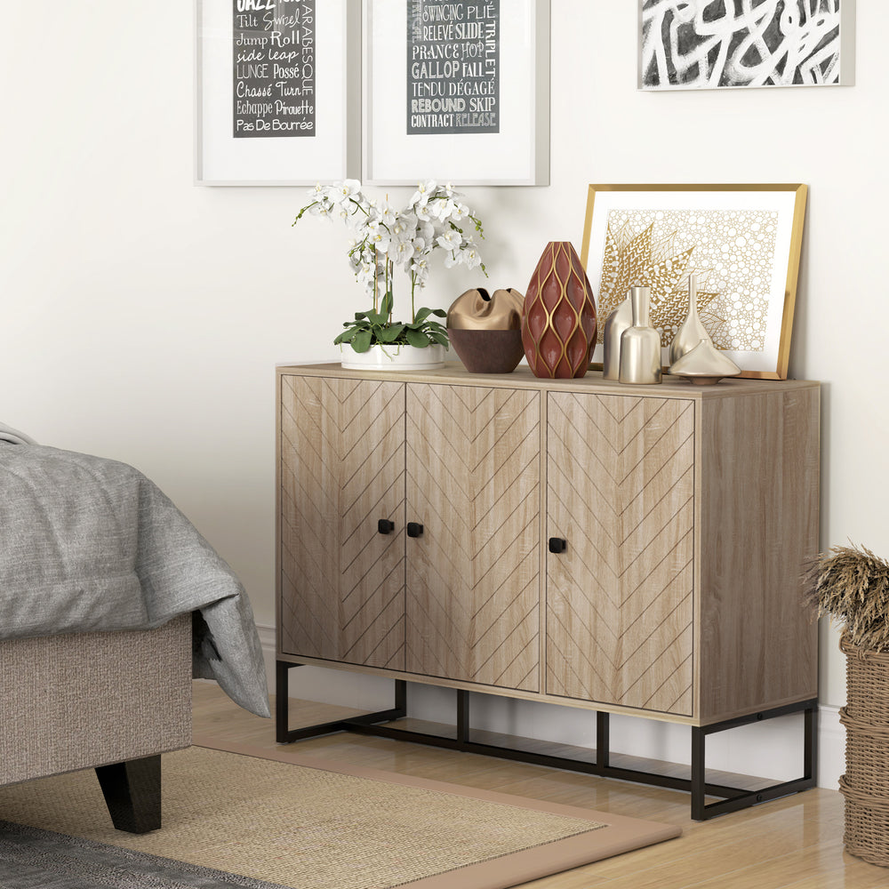 Buffet moderne avec étagères réglables, 3 portes à chevrons pour salon, couloir, grain de bois de chêne