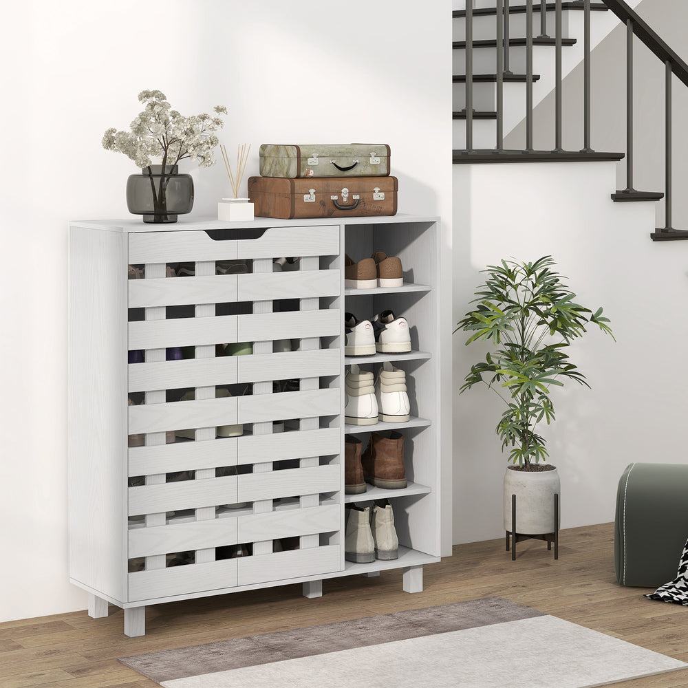 Meuble de rangement pour 21 paires de chaussures blanc avec armoire à double porte et étagères ouvertes à 5 niveaux