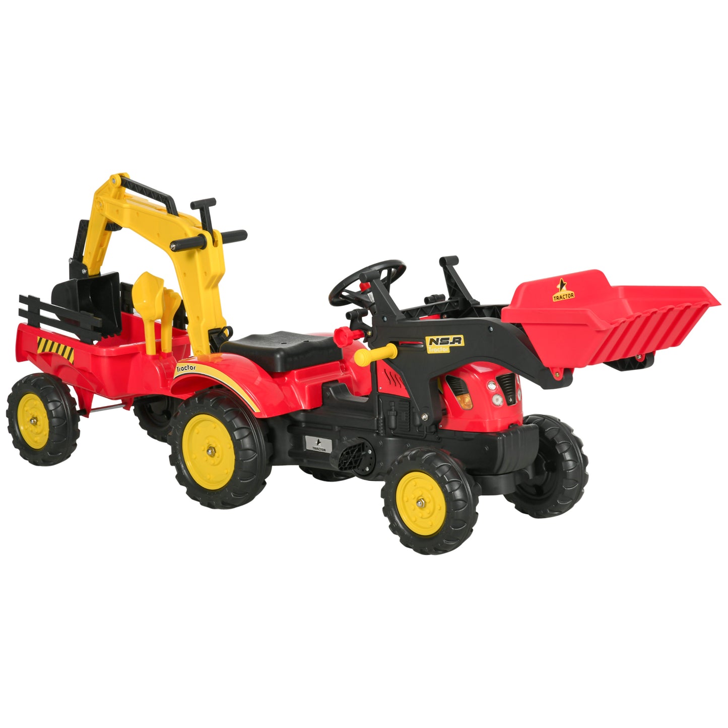 3 in 1 6-wheel excavator, bulldozer with controllable loading trailer and easy-to-use pedals