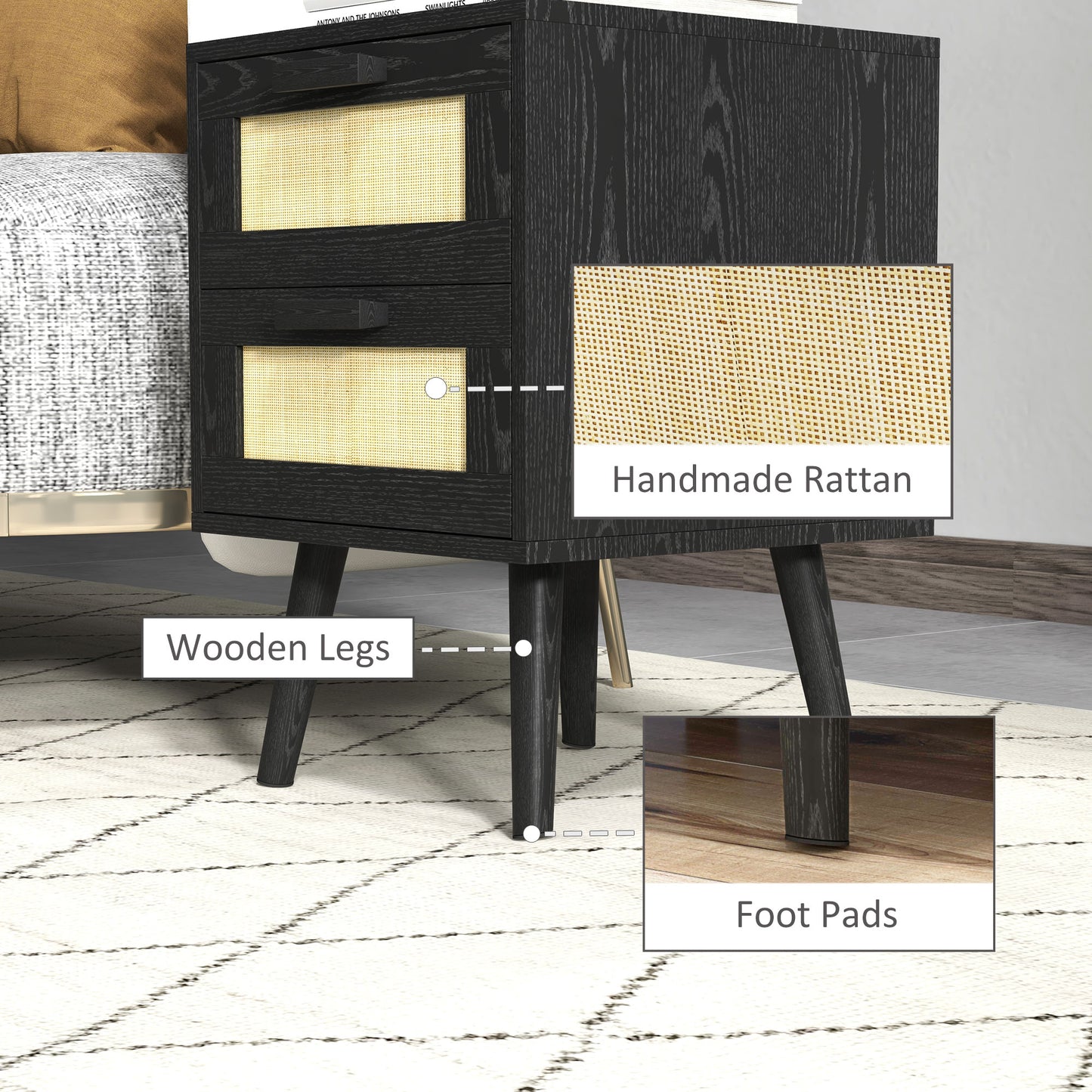 Set of 2 bohemian bedside tables with 2 drawers, black