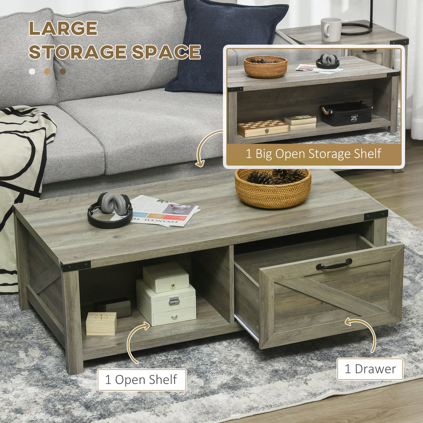 Table basse rustique avec tiroir et étagère de rangement, gris