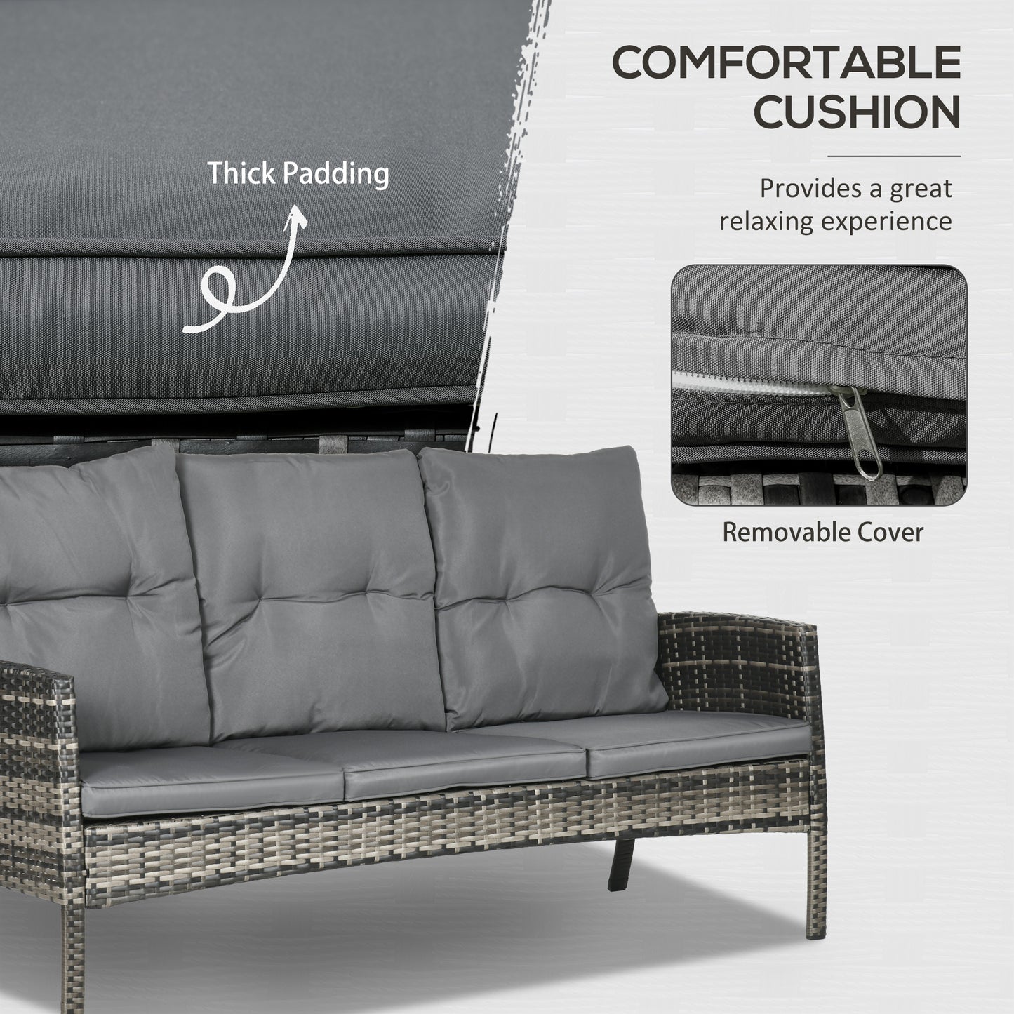 Outsunny 6 Piece Garden Furniture Set with Chairs, Ottomans, Sofa, Glass Table and Cushions, Wicker Rattan Outdoor Furniture Set for Garden and Porch, Grey