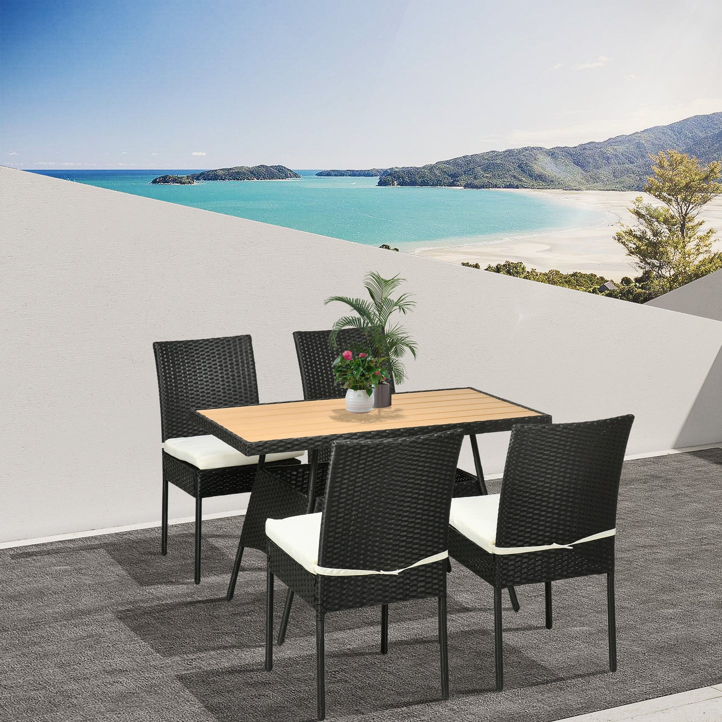 Ensemble de salle à manger extérieur 5 pièces en osier blanc crème avec coussins amovibles, idéal pour terrasse ou jardin