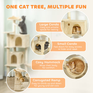 Arbre à chat de 160 cm avec griffoirs, cabanes, perchoirs moelleux, hamac, échelle, beige