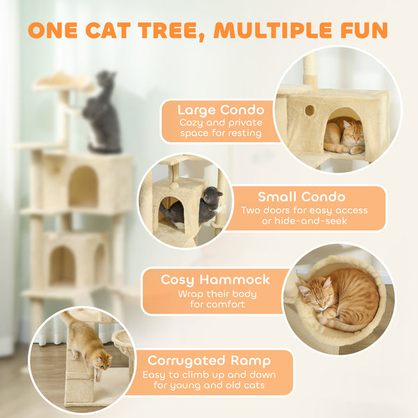 Arbre à chat de 160 cm avec griffoirs, cabanes, perchoirs moelleux, hamac, échelle, beige