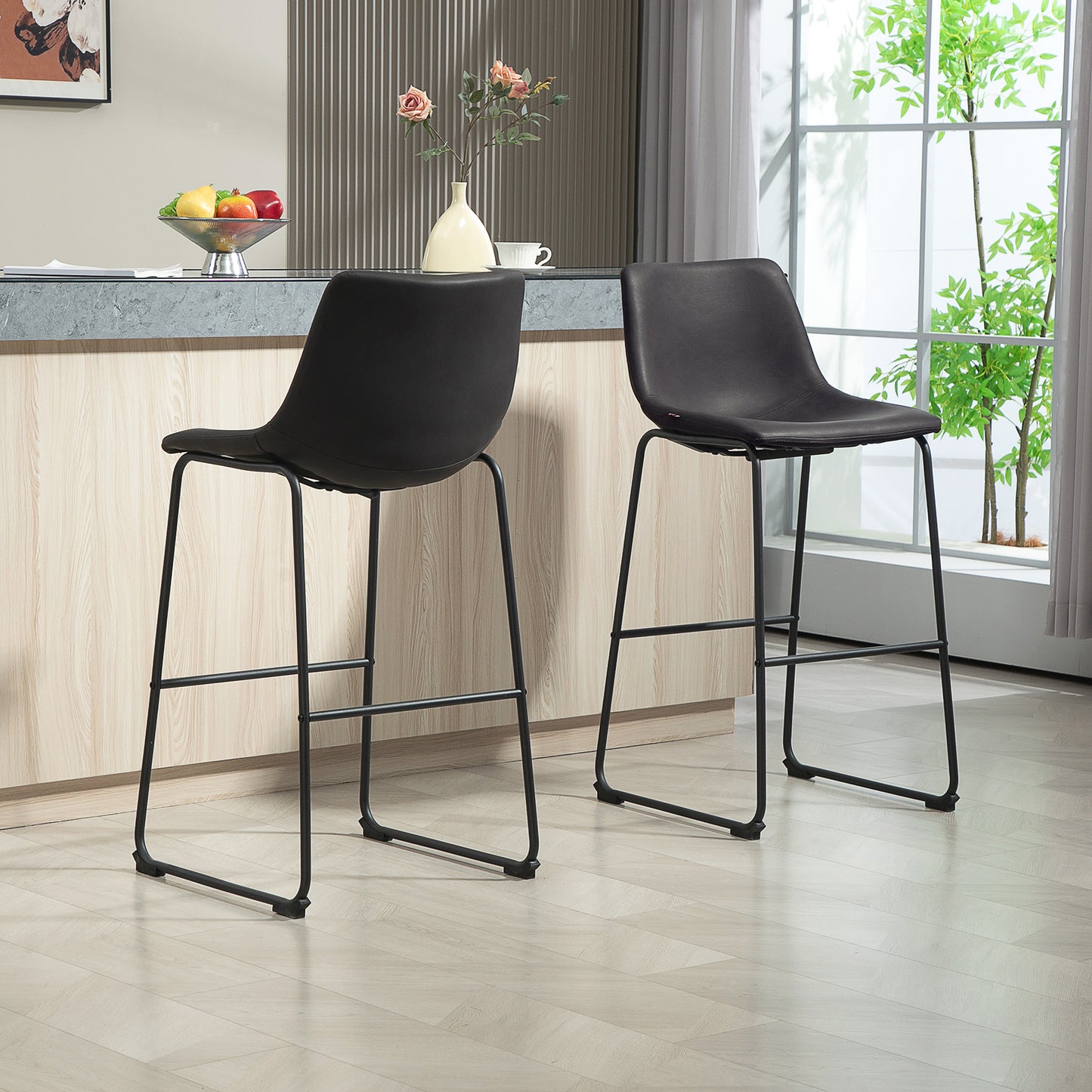 Set of 2 Vintage PU Leather Bar Stools, Kitchen Stools with Footrest, Dark Brown