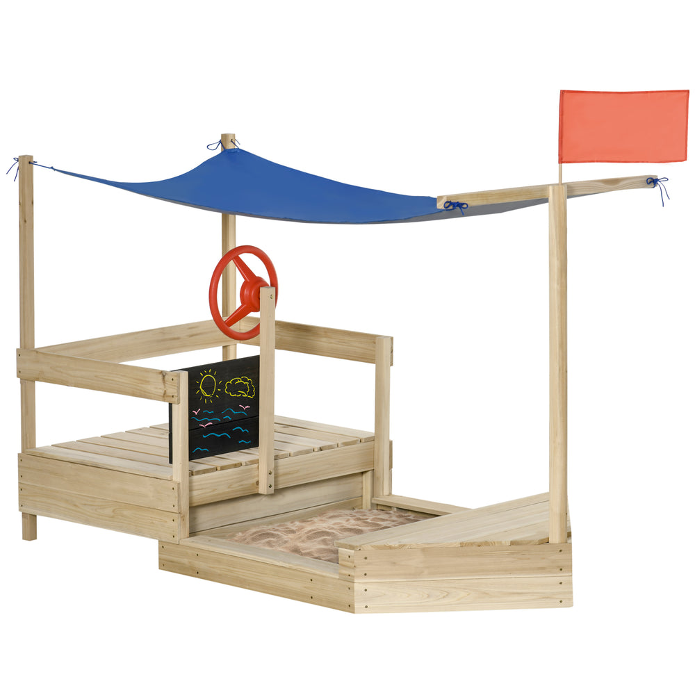 Bac à sable en bois avec couvercle, drapeau et revêtement de fond, bois naturel
