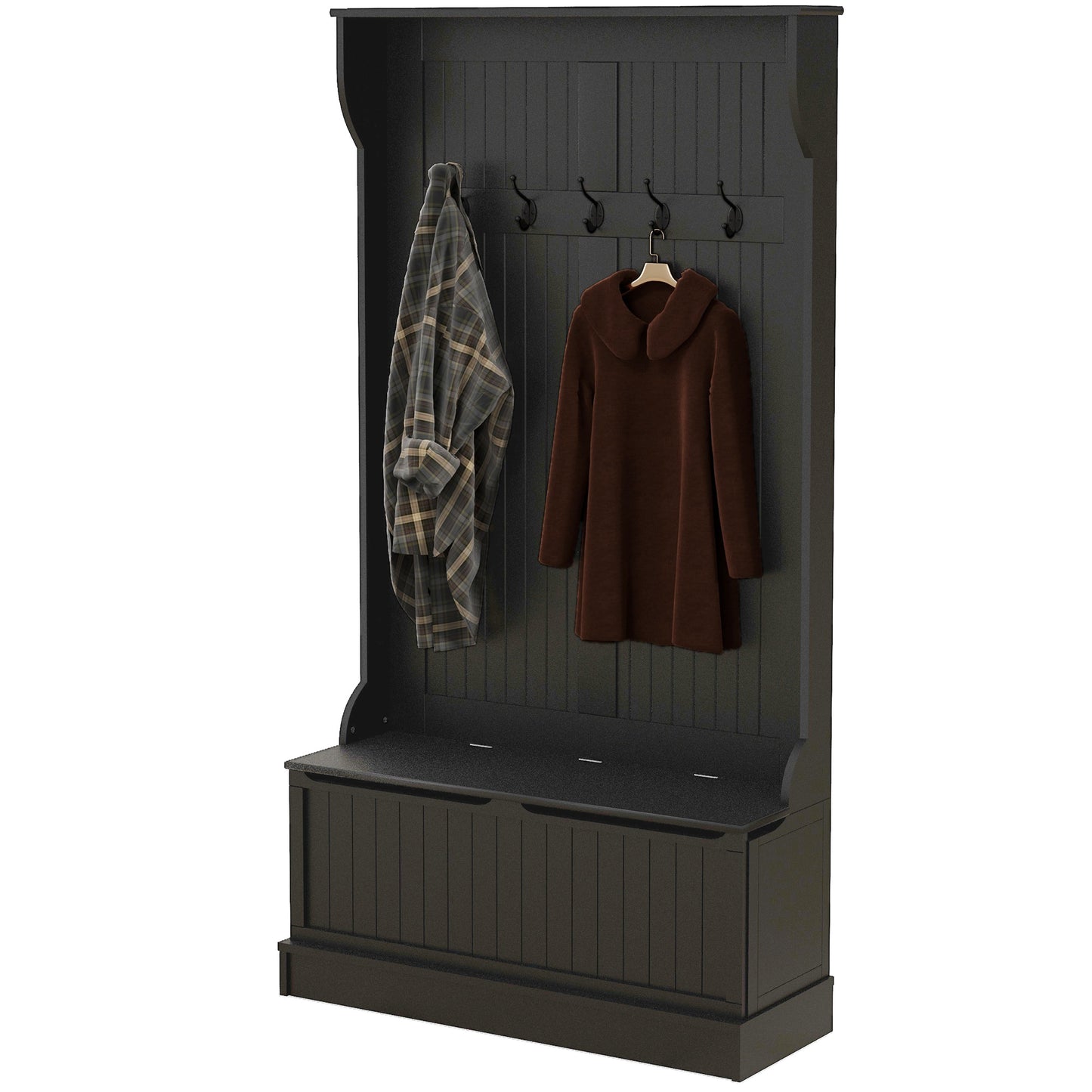 Meuble d'entrée 3 en 1 avec porte-manteau, rangement à chaussures et banquette, banc d'entrée avec 4 crochets, noir