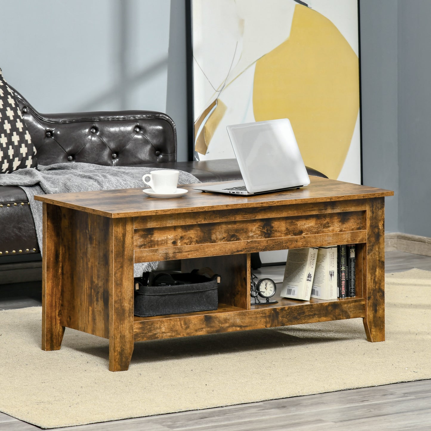 Table basse relevable avec compartiment de rangement dissimulé et étagères ouvertes, marron