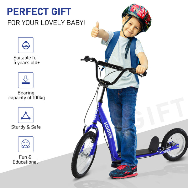 Trottinette avec guidon réglable, double frein, roues gonflables, bleue foncé