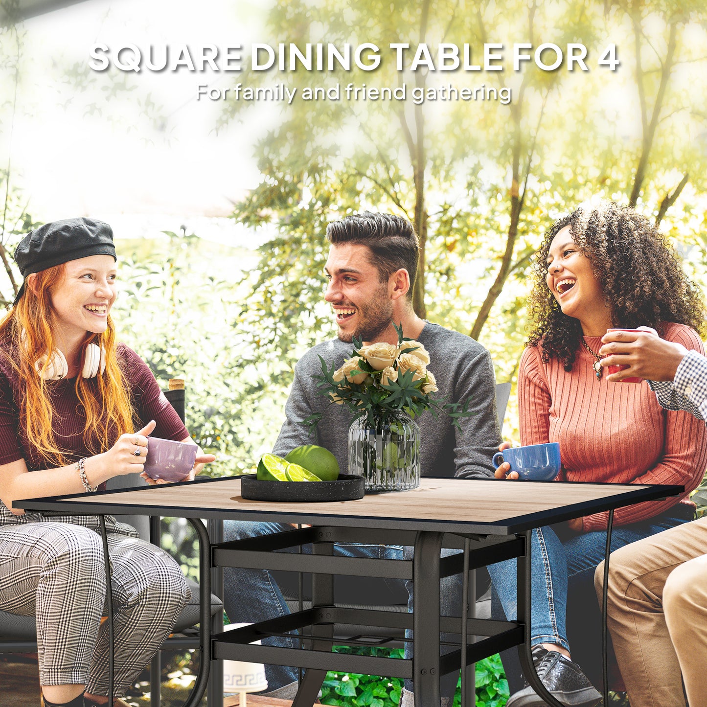 Outsunny Square Dining Table 91 x 91 x 71 cm with Umbrella Hole, Easy Clean Tabletop and Stainless Steel Frame, for Garden and Poolside.