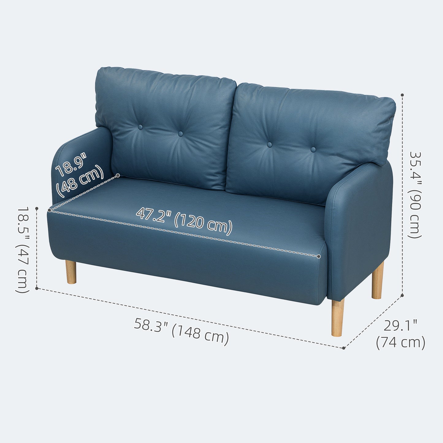 HOMCOM 58" 2-seater sofa, modern 2-seater sofa, upholstered, solid wood frame, navy blue