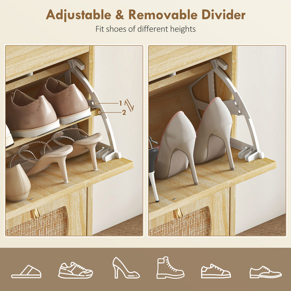 Meuble à chaussures 4 tiroirs rabattables avec portes en rotin et étagères réglables, capacité de 16 paires, couleur naturelle