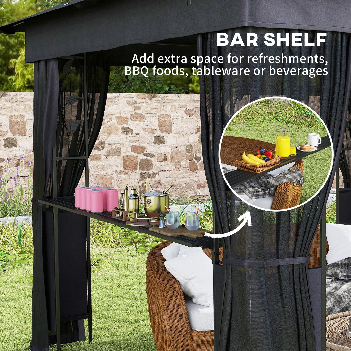 Gazebo 10' x 10' avec étagères et filet, UV30+ pour pelouse, jardin et terrasse