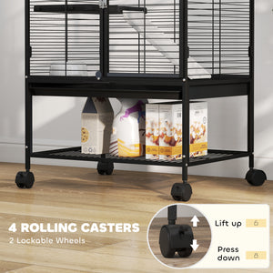Cage roulante pour petits animaux avec plateau amovible et étagère de rangement, noire