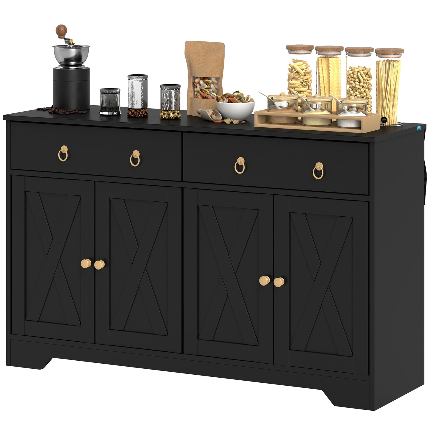 Buffet avec 2 tiroirs, 4 portes de grange et 2 étagères réglables, noir