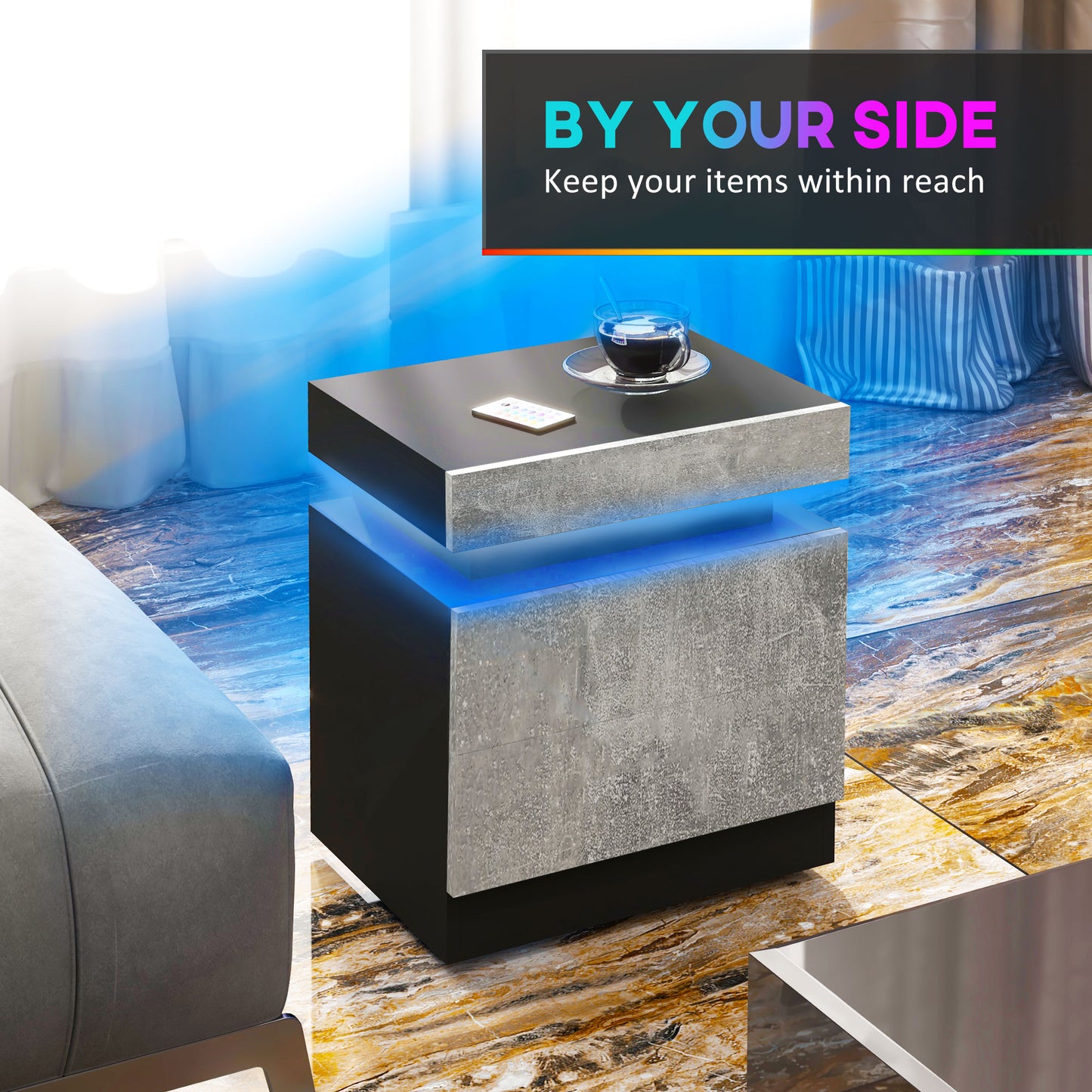 Table de chevet avec éclairage LED et 2 tiroirs pour chambre et salon, gris ciment