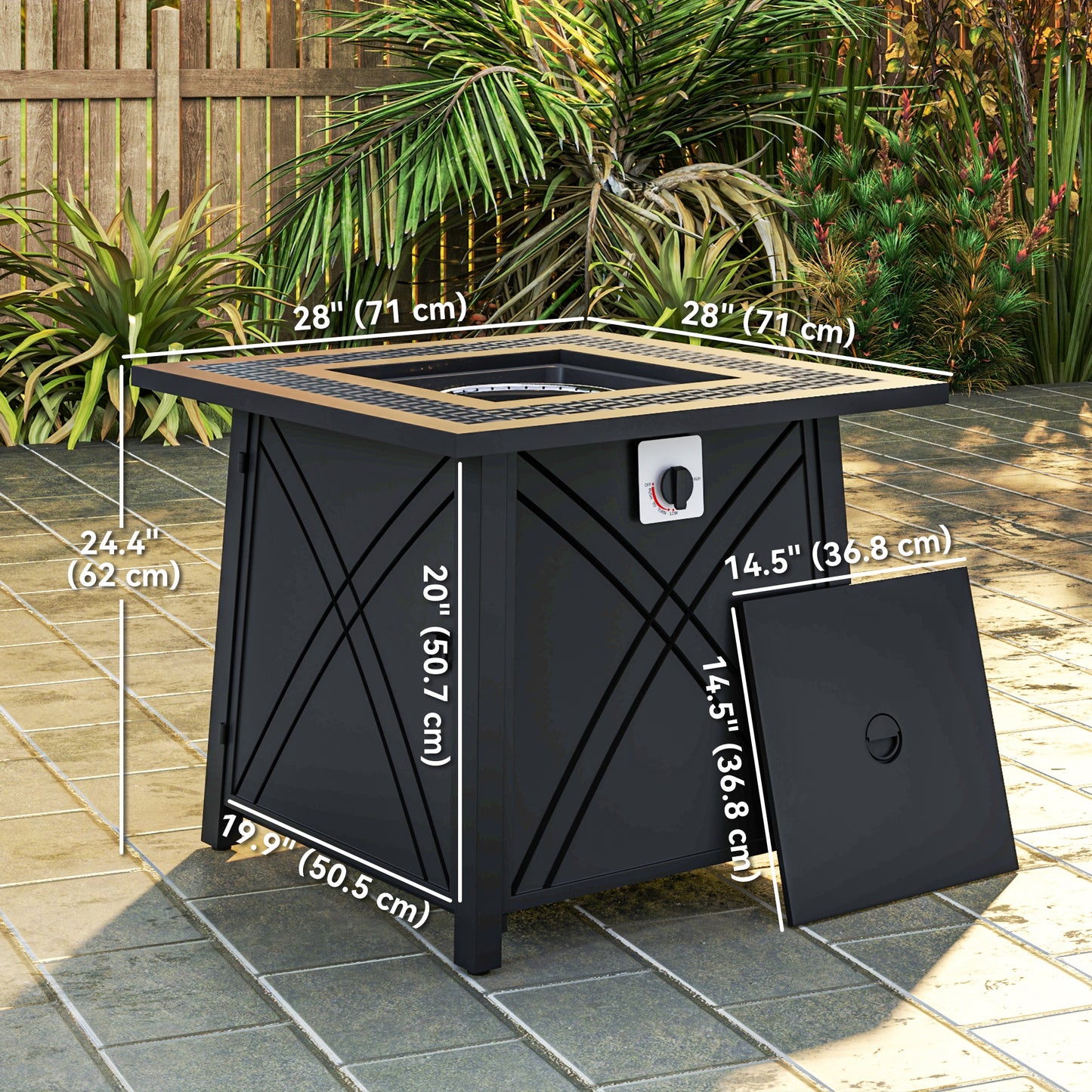Outsunny 28" Square 40,000 BTU Propane Fire Pit Table with Waterproof Cover and Adjustable Footrests