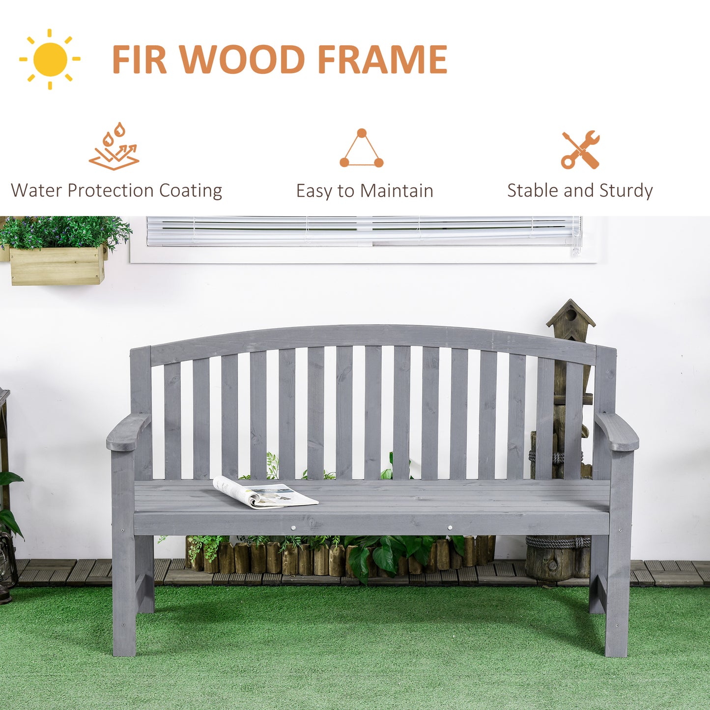 Outsunny Wooden Bench, Outdoor Bench with Slatted Design, Backrest, Armrests for Garden, Park, Backyard, Gray |