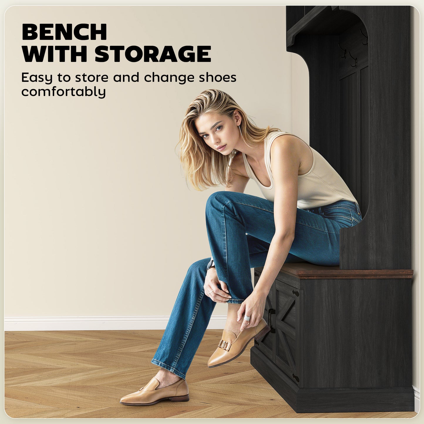 Meuble d'entrée 3 en 1 avec banc, porte-manteau et rangement pour chaussures, noir vieilli