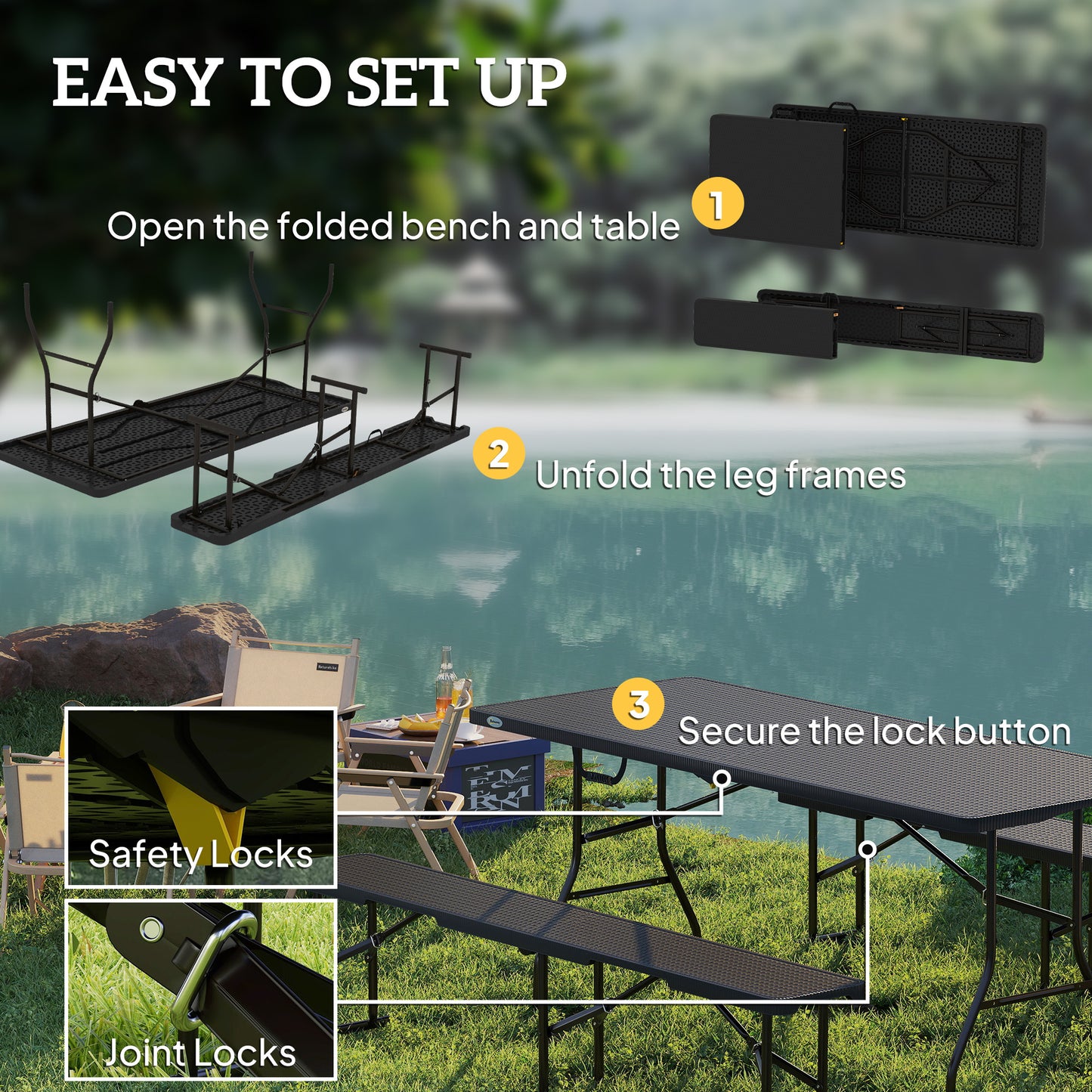Outsunny 6FT 3PCS Faux Rattan Outdoor Camping Table Bench Set with Carrying Handles, Folding Picnic Table with 2 Benches, Black |