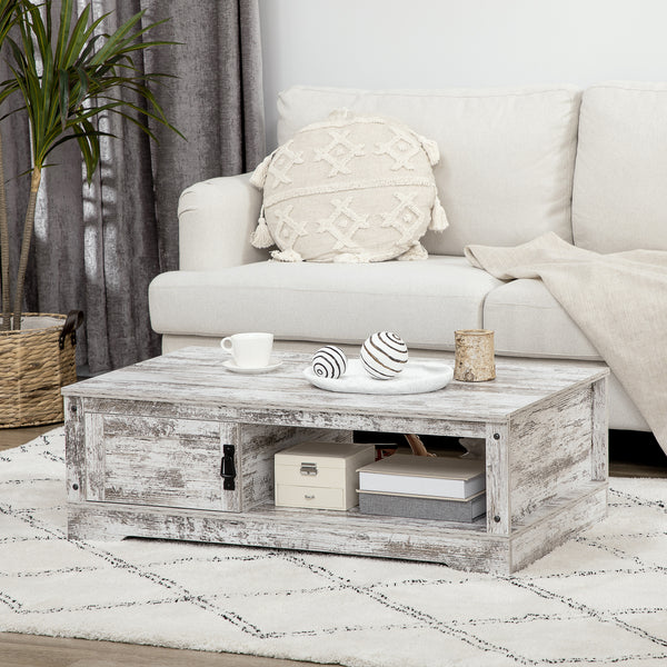 Table basse de style vintage avec armoire, compartiments de rangement ouverts, blanc