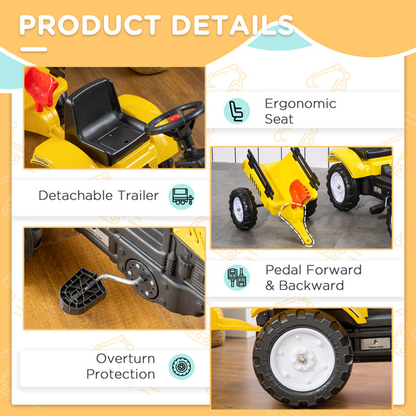 Ride-on excavator with rear trailer, shovel and rake