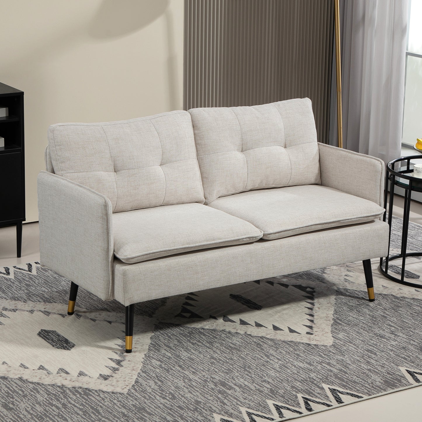Canapé causeuse moderne 55 pouces en tissu avec dossier capitonné et pieds en acier, pour chambre à coucher et salon, blanc crème