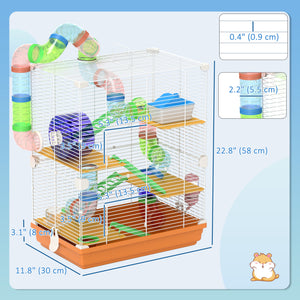 Cage pour hamster portable à 5 niveaux avec roues d'exercice, tube de jeu, bouteille d'eau, gamelle, échelle pour gerbilles, orange
