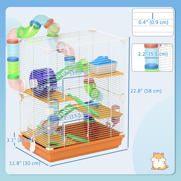Cage pour hamster portable à 5 niveaux avec roues d'exercice, tube de jeu, bouteille d'eau, gamelle, échelle pour gerbilles, orange
