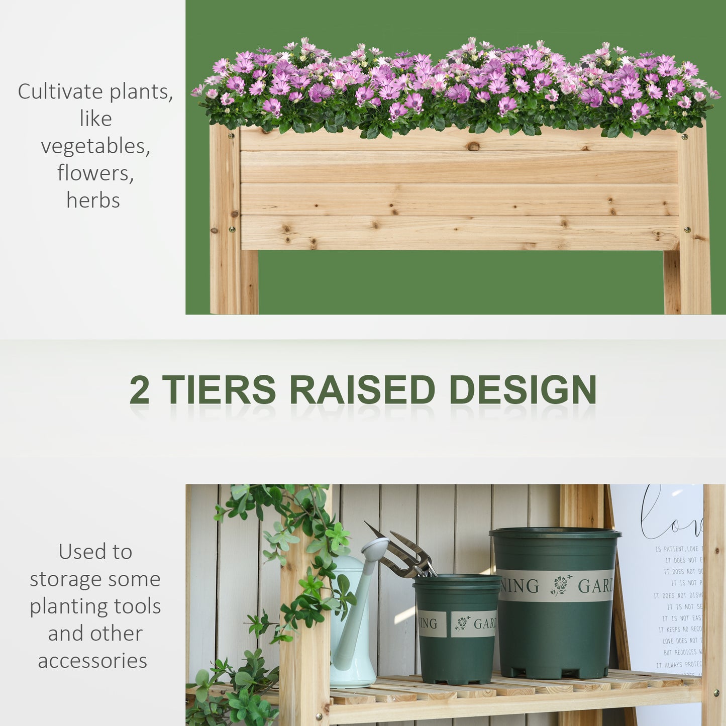Outsunny Raised Bed with Legs, Raised Planter with Storage Shelf, Garden Deck Covering, Natural Wood