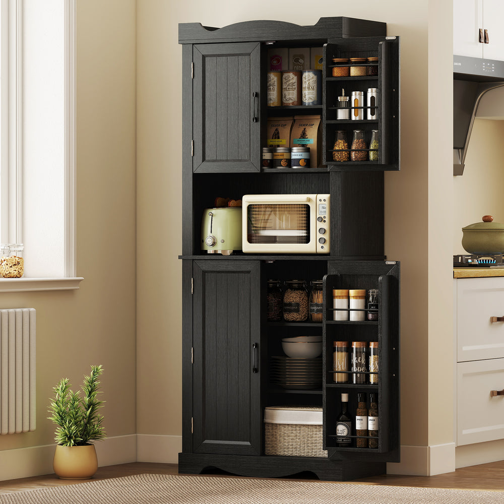 Armoire de cuisine avec 12 étagères de porte et support pour micro-ondes, noir